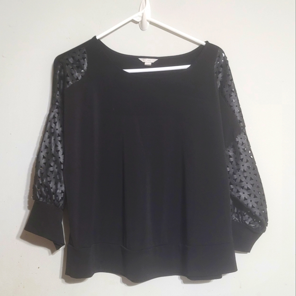 Cato‎ Medium Top Black Vegan Leather Eyelet Laser Cutout Sleeves Party Sexy